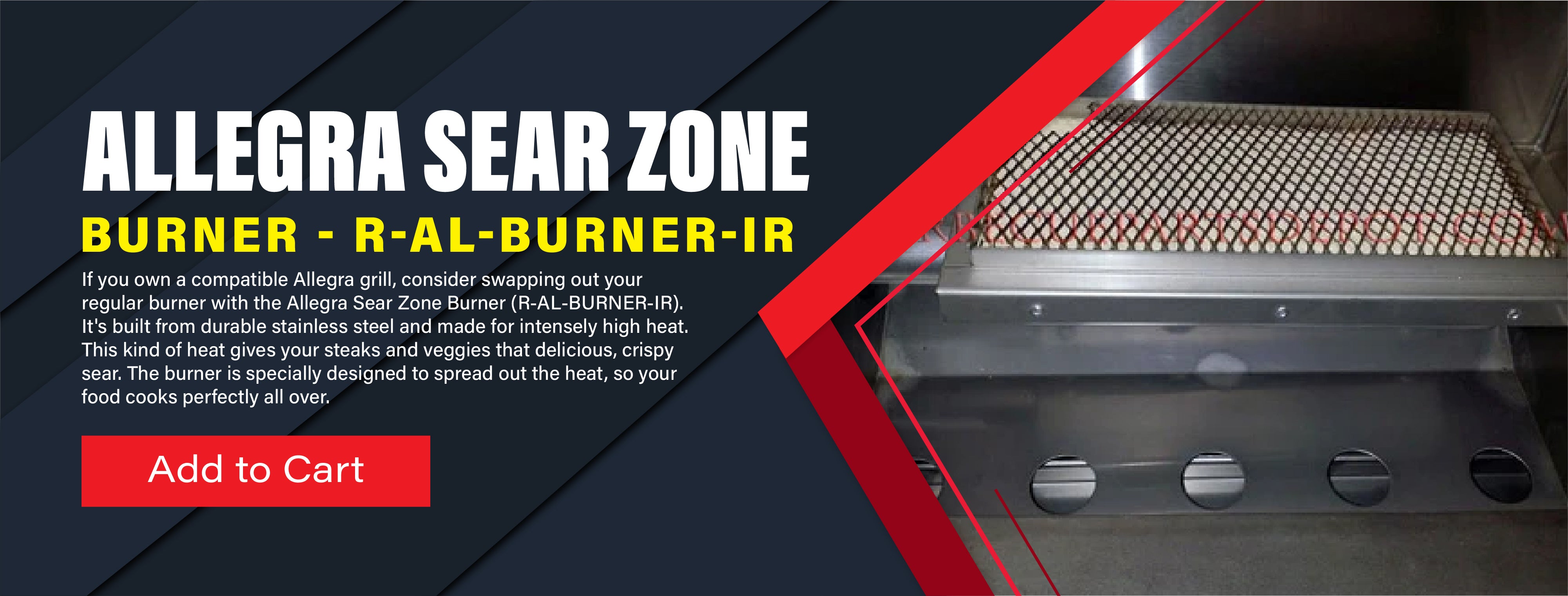 Allegra Sear Zone Burner R‑AL‑BURNER‑IR stainless steel high-heat burner for Allegra grills